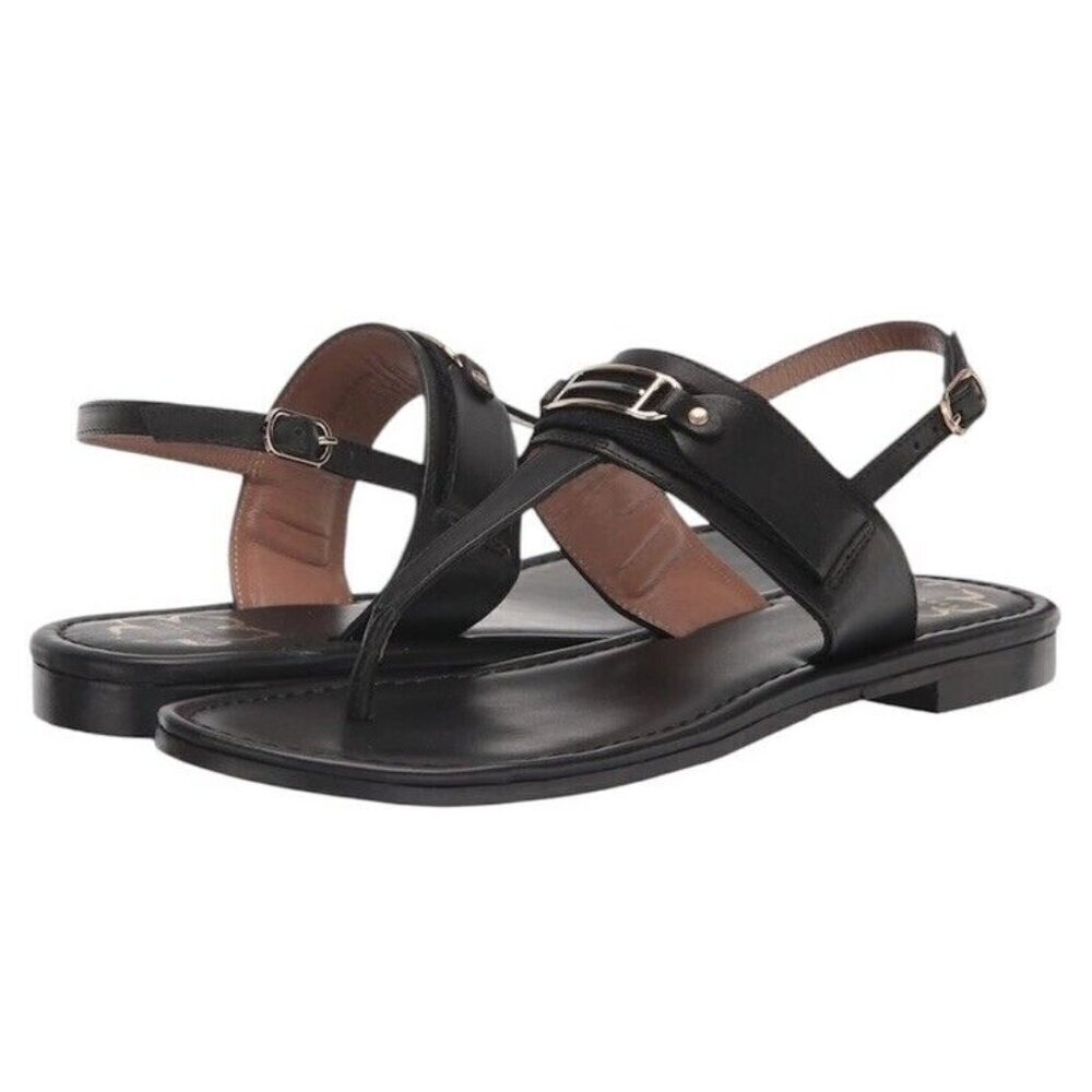 Ted Baker London Black Leather Gold Buckle T-Strap Casual Boho Sandals size 7.5